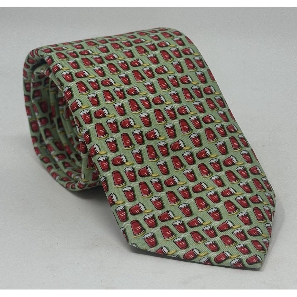 Vineyard Vines Flip Cup Tie Men’s Green Silk Necktie Made in USA Preppy Party